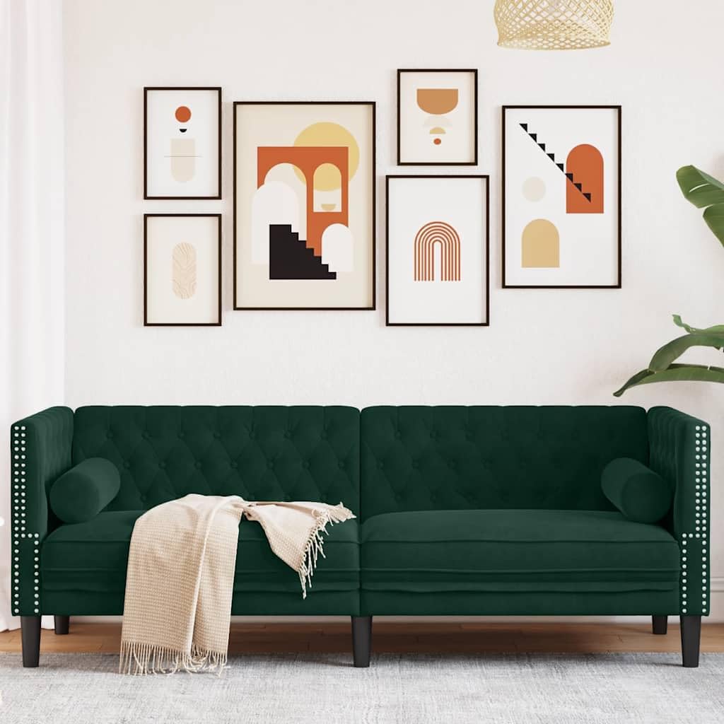vidaXL Sofa Chesterfield z wałkami, 3-osobowa, ciemnozielona, aksamit