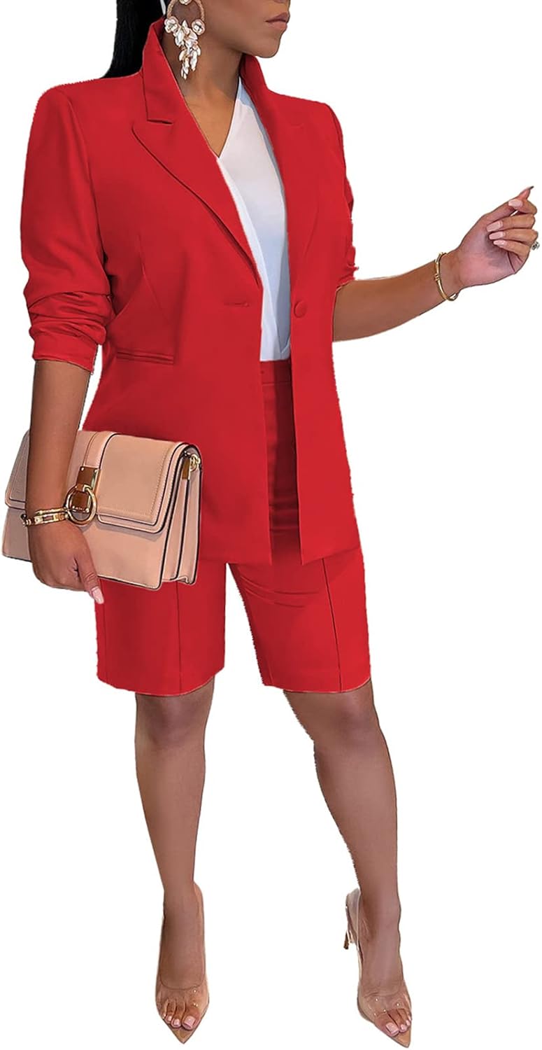 Blazer Shorts Set for Women Two Piece Outfits One Button Up Jacket and Bermuda Short Suits