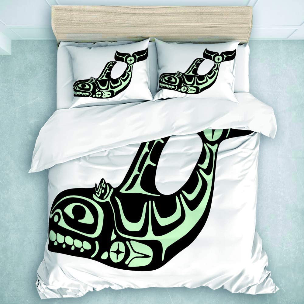 POJINNLA King Bedding Sets Rustic Duvet Cover Set 3 Pieces Ultra Soft Salmon Black American Native Whale White Alaska Northwest Alaskan Bedding Collection for Teens Bed Cover-image-2