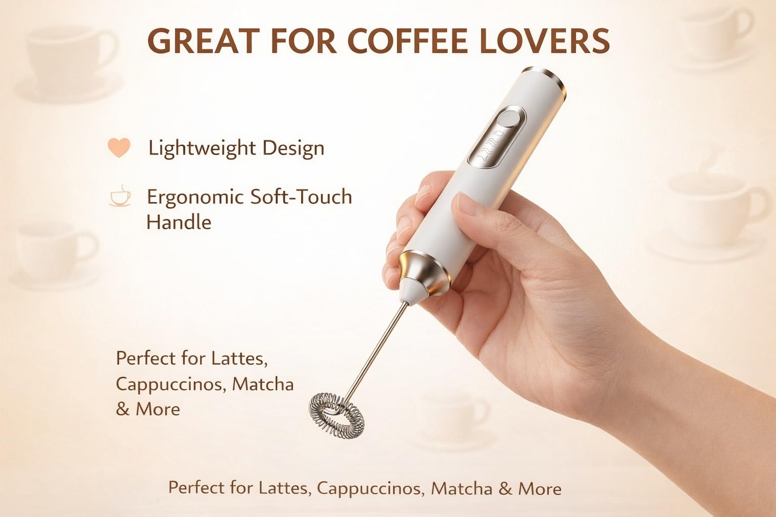 Konquer TimeS Rechargeable Handheld Milk Frother 3 Speed Electric Coffee Frother with Dual Whisks, Stand-Up Design for Lattes, Cappuccinos, Cream, and Buttermilk, Rechargable 1200 mAh Batterie 2