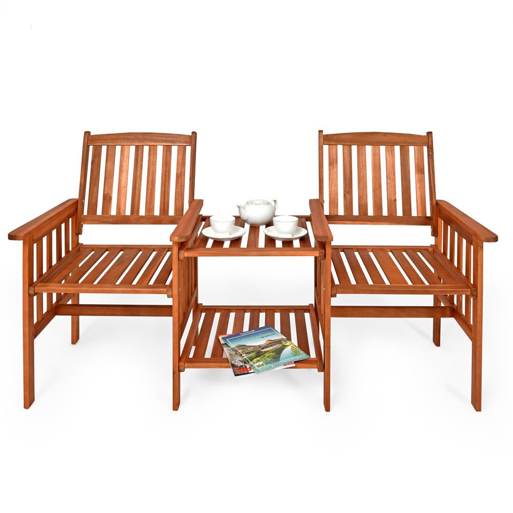 Deuba CASARIA® Panchina da Giardino in Legno Acacia Resistente alle Intemperie con Tavolo Portaoggetti a 2 Posti 320kg 164x63cm Panca da Esterno Terrazza