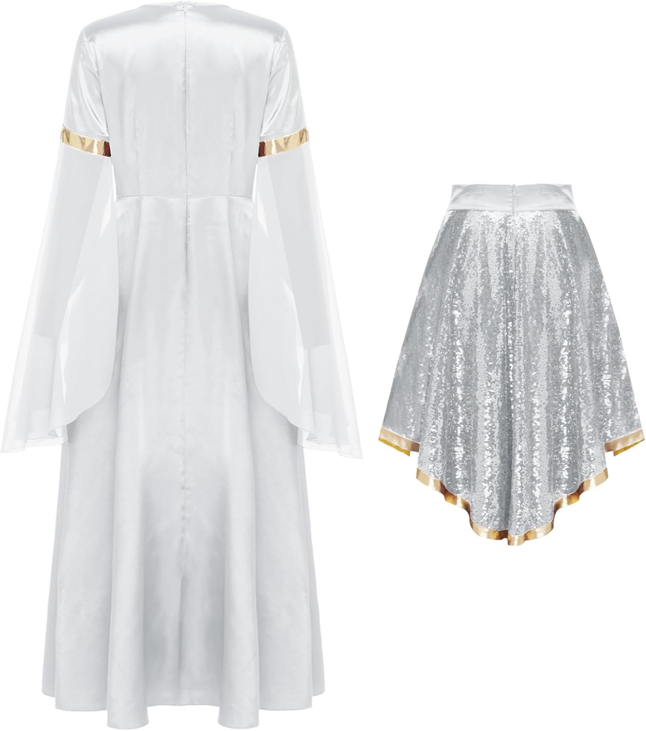 FEESHOW Praise Dance Dress for Women Liturgical Lyrical Dancewear Long Sleeve Tunic Dress and Sequined Skirt