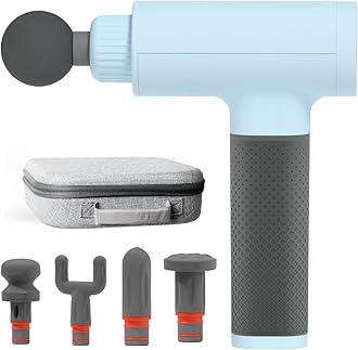 Sharper Image Deep Tissue Percussion Massage Gun, Powerboost Rechargeable Handheld Massager, 6 Adjustable Speeds, 5 Attachment Heads & Carrying Case, Full Body Muscle Pain Relief, Light Blue