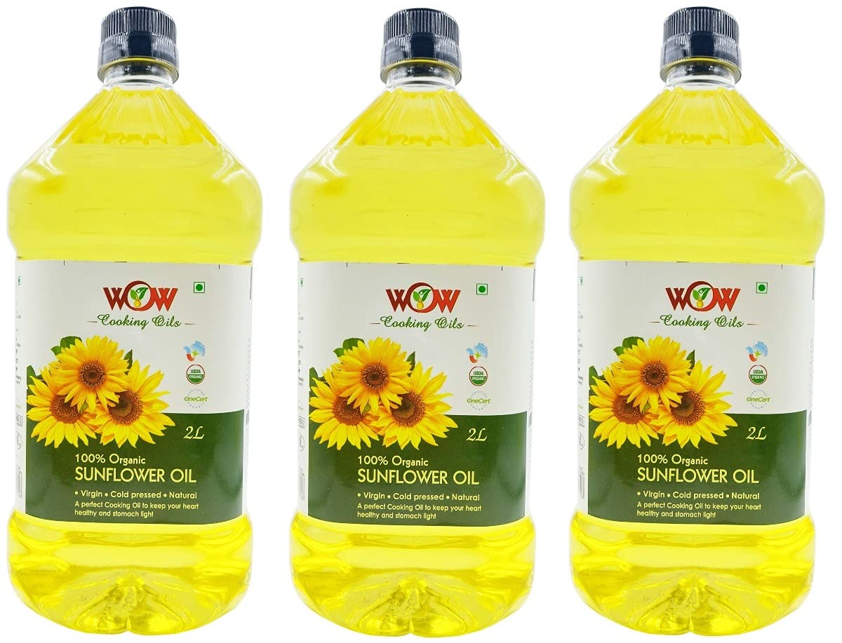 WOW Cooking Oils Certified Organic Virgin Cold Pressed Sunflower Cooking Oil (2 LTR X 3)+2 RAW Honey 55GM