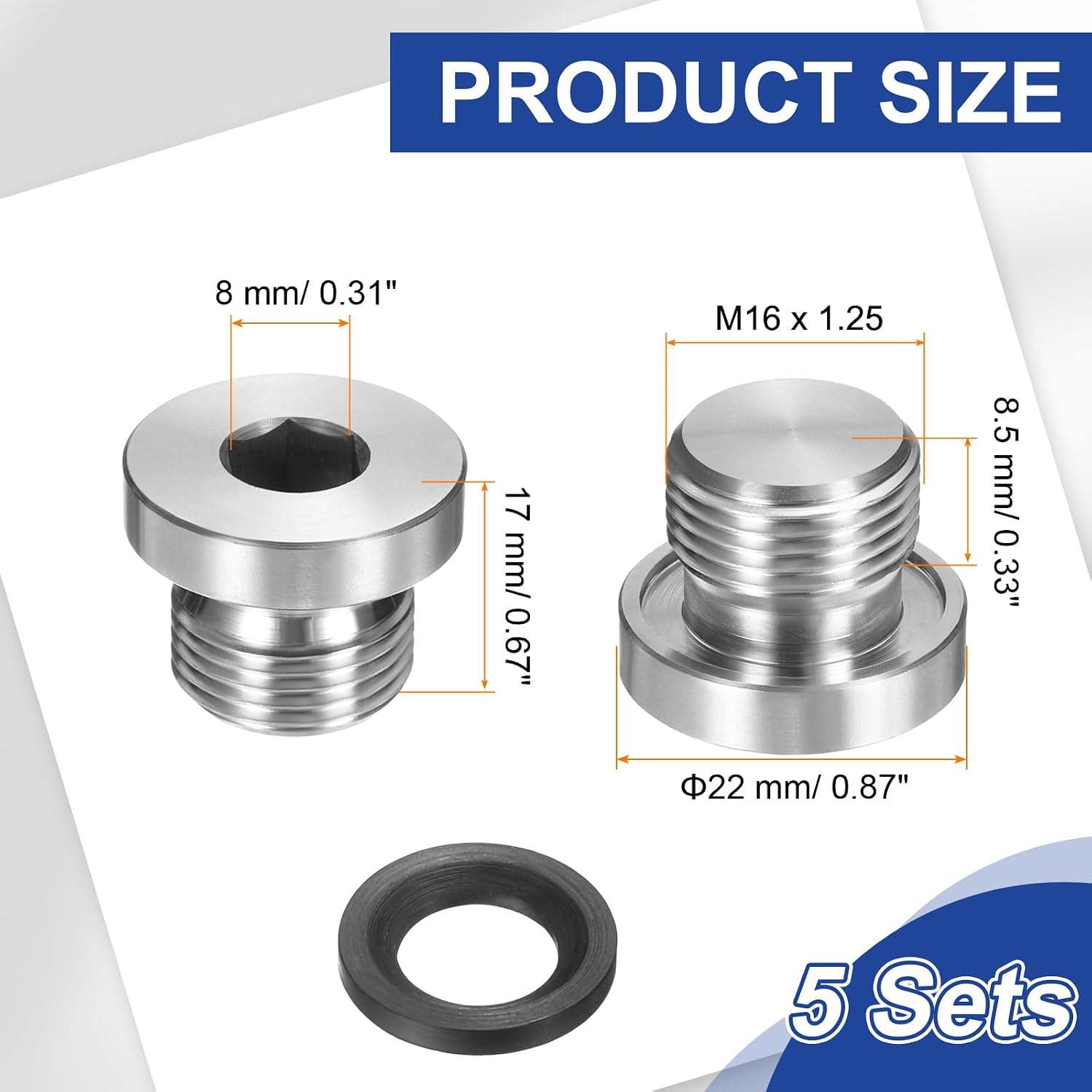 PATIKIL M16 x 1.25 Stainless Steel Pipe Plug 5 Pcs Metric Male Internal Hex Thread Socket Pipe Plug Hex Head Fitting with Rubber Washer for Sealing Water Oil Gas Pipeline