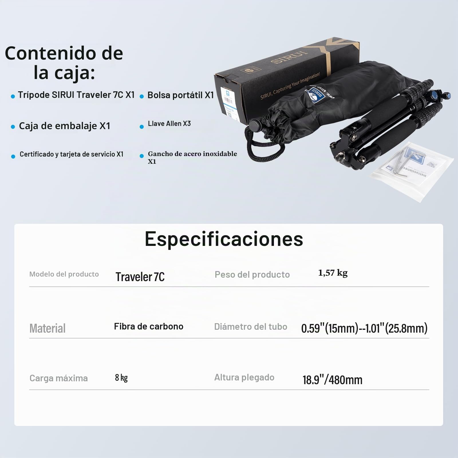 SIRUI Trípode de Fibra de Carbono Compacto y Liviano con Monopié Desmontable, Rótula de Bola Panorámica E-10 de 360°, Placa de Liberación Rápida para Arca, Carga de hasta 17.6lbs/8kg - Traveler 7C