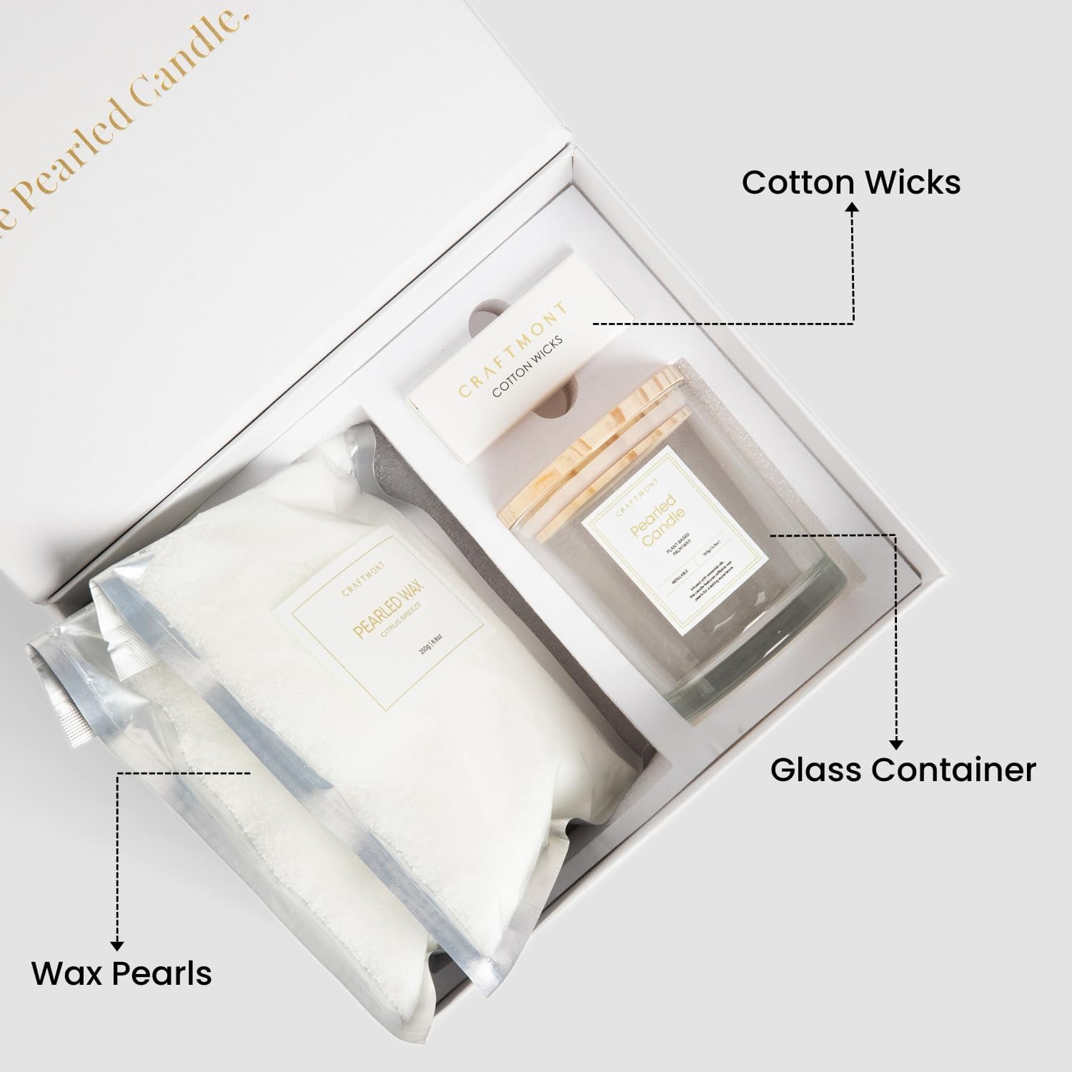 Pearled Candle with Wicks Kit - Refillable Glass Jar, 500g Sand Wax, & 30 Cotton Wicks (Citrus Breeze)