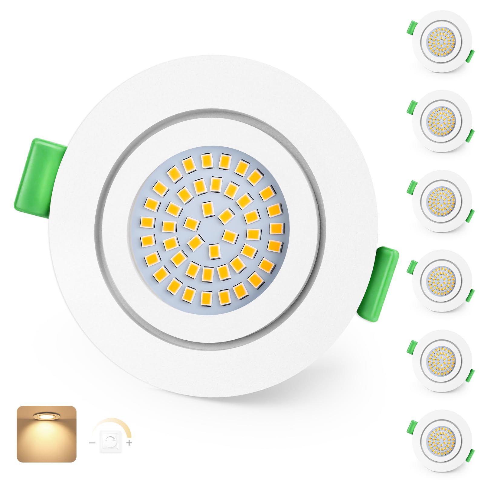 KYOTECH LED Einbaustrahler 230V Dimmbar 65-75mm Ultra Flach LED Spots 5W IP65 Bad Einbauleuchten Deckenspots Warmweiß 2700K Einbauspots für Badezimmer Wohnzimmer, Weiß 6er Set (Nicht Drehbar)