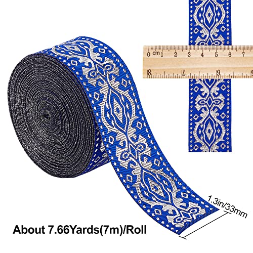 GORGECRAFT Ethnic Jacquard Ribbon 33mm Wide Double Side Blue Floral Embroidery Polyester Woven Ribbons Silver Trim Fringe Band for DIY Sewing Crafts Clothing Curtain Home Embellishment Accessories - Image 2