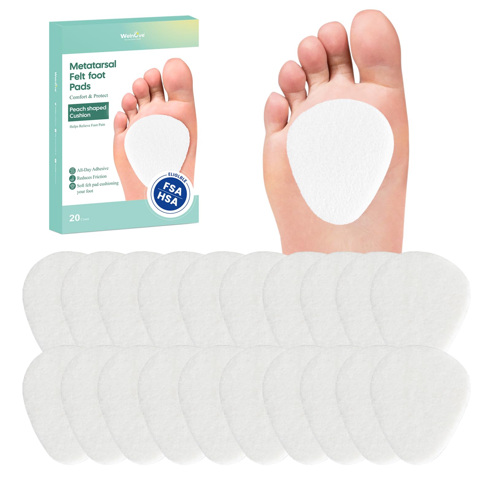 Welnove Metatarsal Foot Pads - 20 Pack Ball of Foot Cushion for Pain Relief