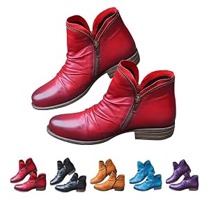 Womens Low Heel Ankle Boots Fashion Slip On Arch Support Walking Cowboy Booties Side Zipper Leather Vintage Western