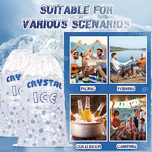 Kisston 100 Pcs Plastic Ice Storage Bag with Cotton Drawstring Closure for BBQs, Camping, Food Stalls Refillable Clear Ice Pouch Bags for Freezer Takeaway (Snowflake, 8 lb)