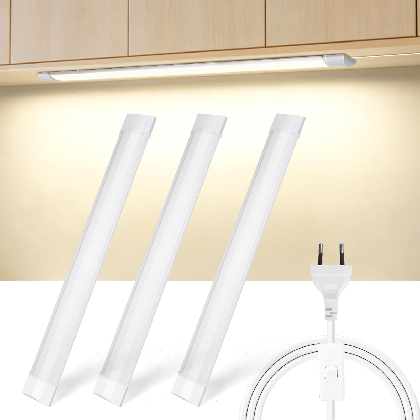 Aigostar Luz LED Armario Cocina 90cm, Luz Súper Brillante 3750 lm, Blanco Natural 4000K, Ancho 7,5cm, Apta Para Cocinas, Armario, Baños y Dormitorios, Modelo Enchufable, 3 Unidade