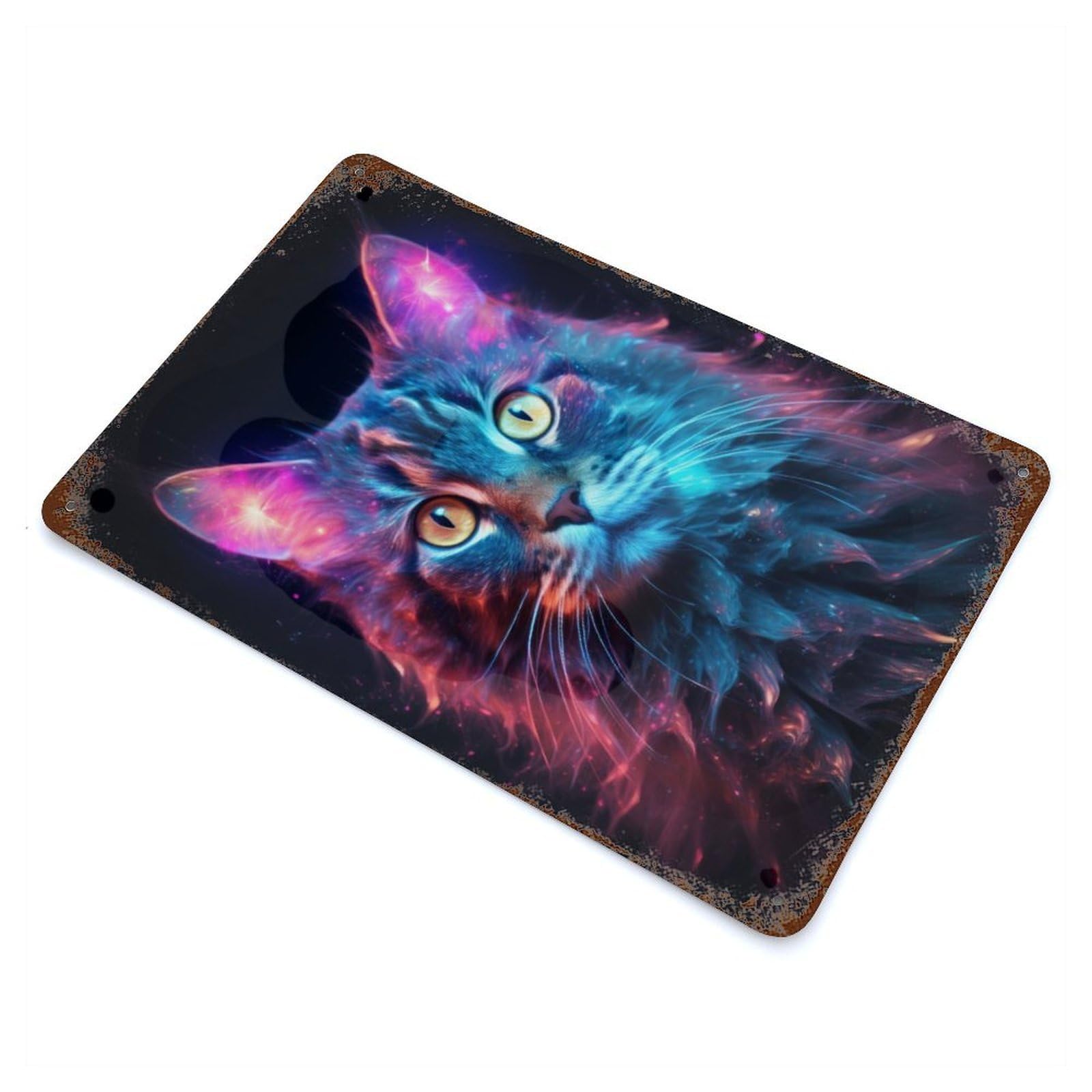 Rust Effect Neon Cat Nebulae Aged Metal Wall Plaque 11.8"x7.9", Farmhouse Wall Decor for Office, Studio And Wall Decor