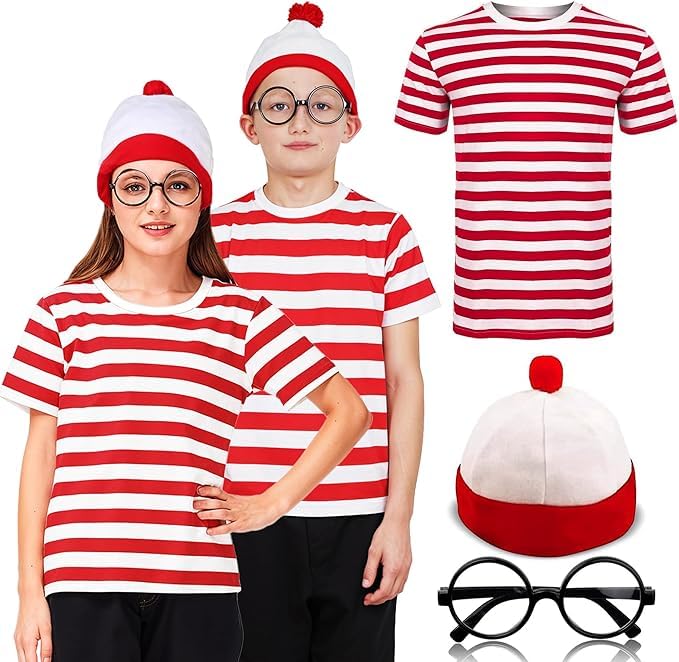 Kids Red and White Striped T-Shirt, Beanie Hat, Black Nerd Glasses Set, Unisex Fancy Dress Cosplay Accessories Set For World Book Day, School Dress up Outfit Accessories, (5-6 Years)