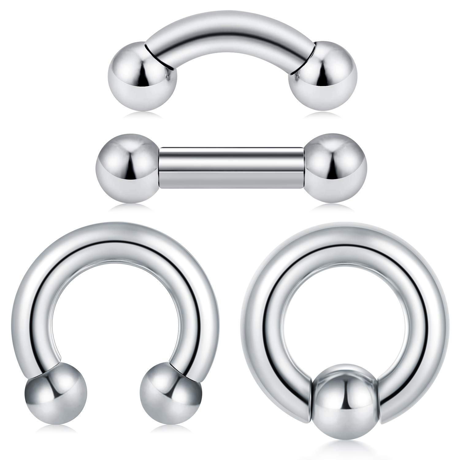 AnicinaHorseshoe Rings Internally Threaded Circular Horseshoe Barbells with Polished Ball & Spike Curved Piercing Jewelry 2G 3G 4G 5G 6G,4Pcs