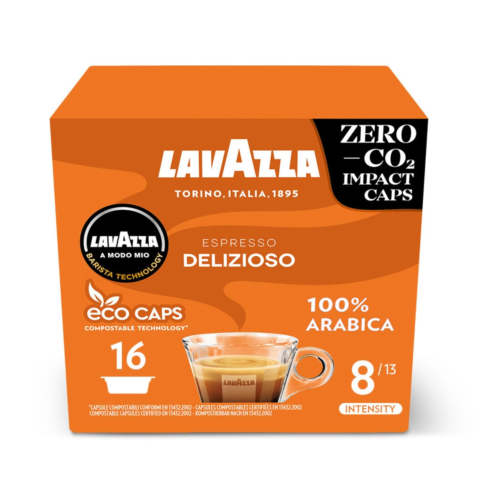 A Modo Mio Espresso Delizioso, Coffee Capsules, 100% Arabica, Sweet Taste, Intensity 8/13, Medium Roasting, Compostable, 1 Pack of 16 Coffee Pods