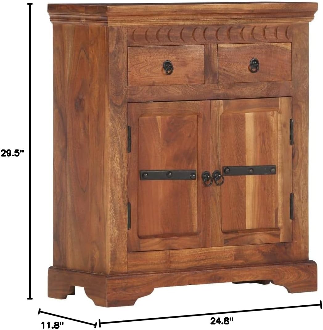 Solid Acacia Wood Sideboard with Iron Frame, Natural Brown Medium Sideboard with 2 Drawers and 2 Doors for Dining Room Storage, Rustic Furniture for Living Area, Durable