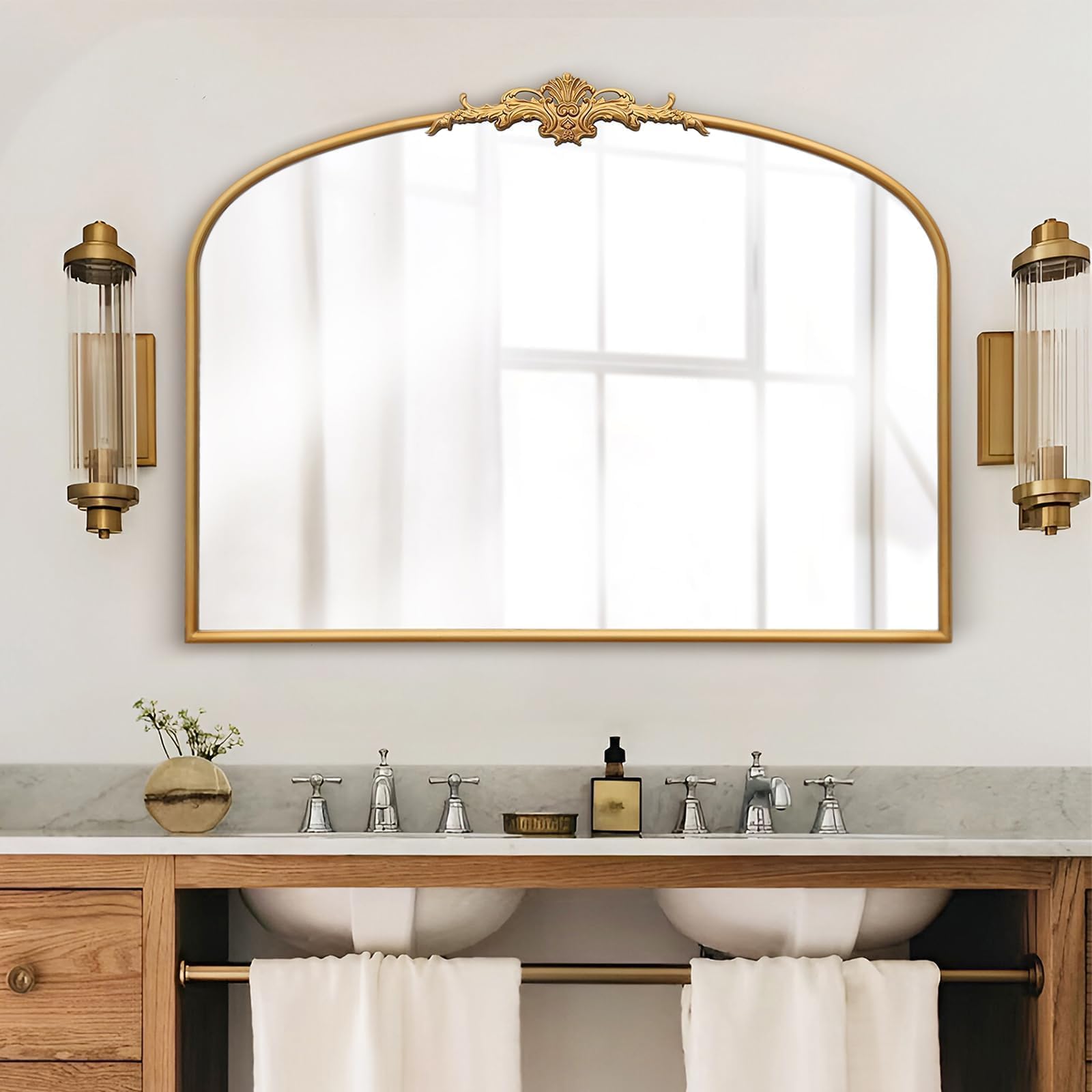 Besdomus Vintage Baroque Arched Mirror: 40"x30" Gold Antique Wall Mounted Mirror - Traditional Ornate Metal Frame - Home Decor for Entryway/Fireplace/Living Room/Hallway/Bathroom