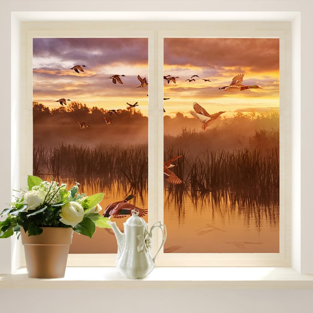 Brebasf Watercolor Wildlife Ducks Design Window FilmRustic Oil Painting Spring Forest Snow Mountain Mallard Ducks Suitable for Living Room,Kitchen,Bathroom-35.4W x78.7L in x1Pcs