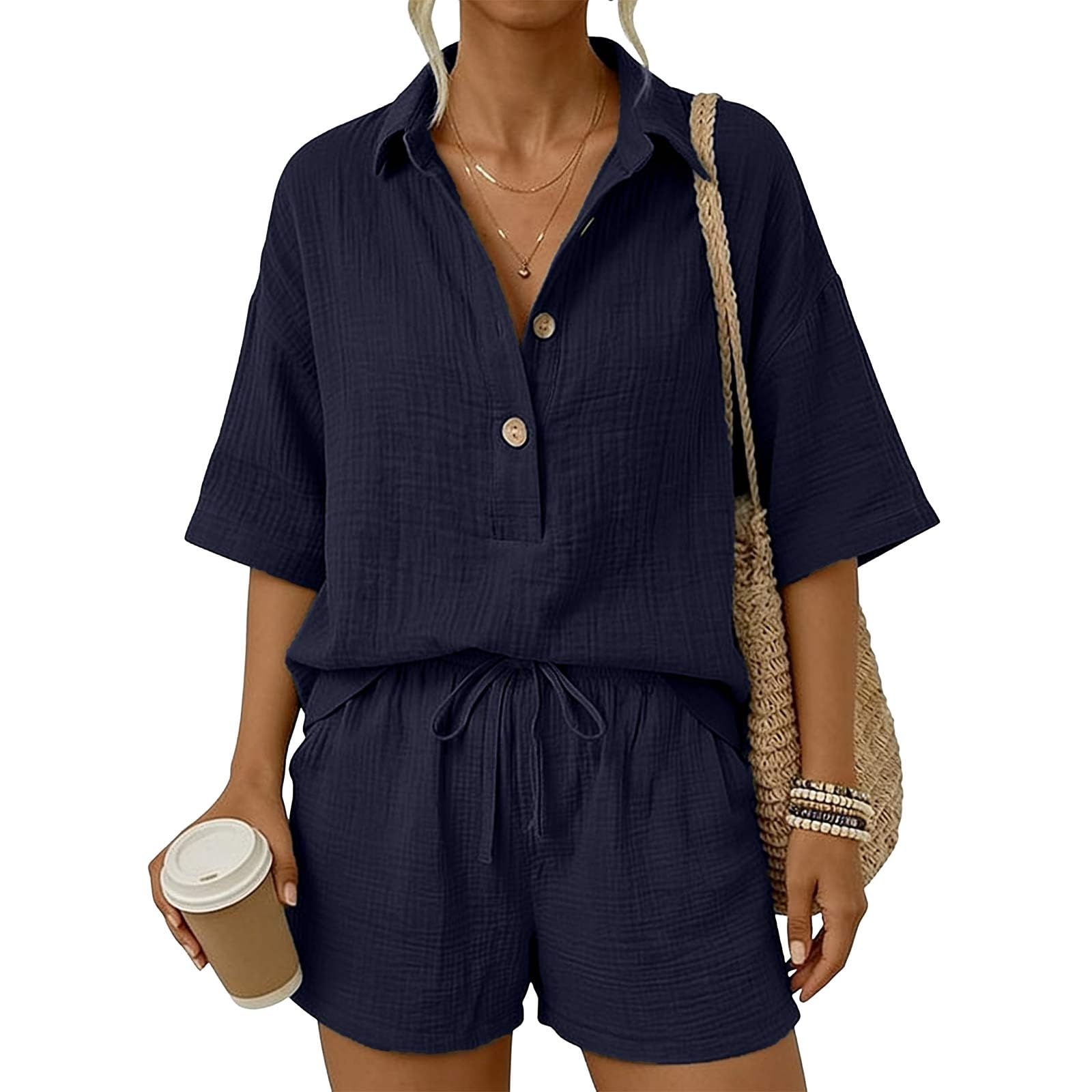 Générique Ensemble Femme 2 PièCes Coton Et Lin Pas Cher Chic Et éLéGant Manches Courtes Chemise + Short avec Poche Ample Et Respirant Tenues D'éTé Costume De Loisirs