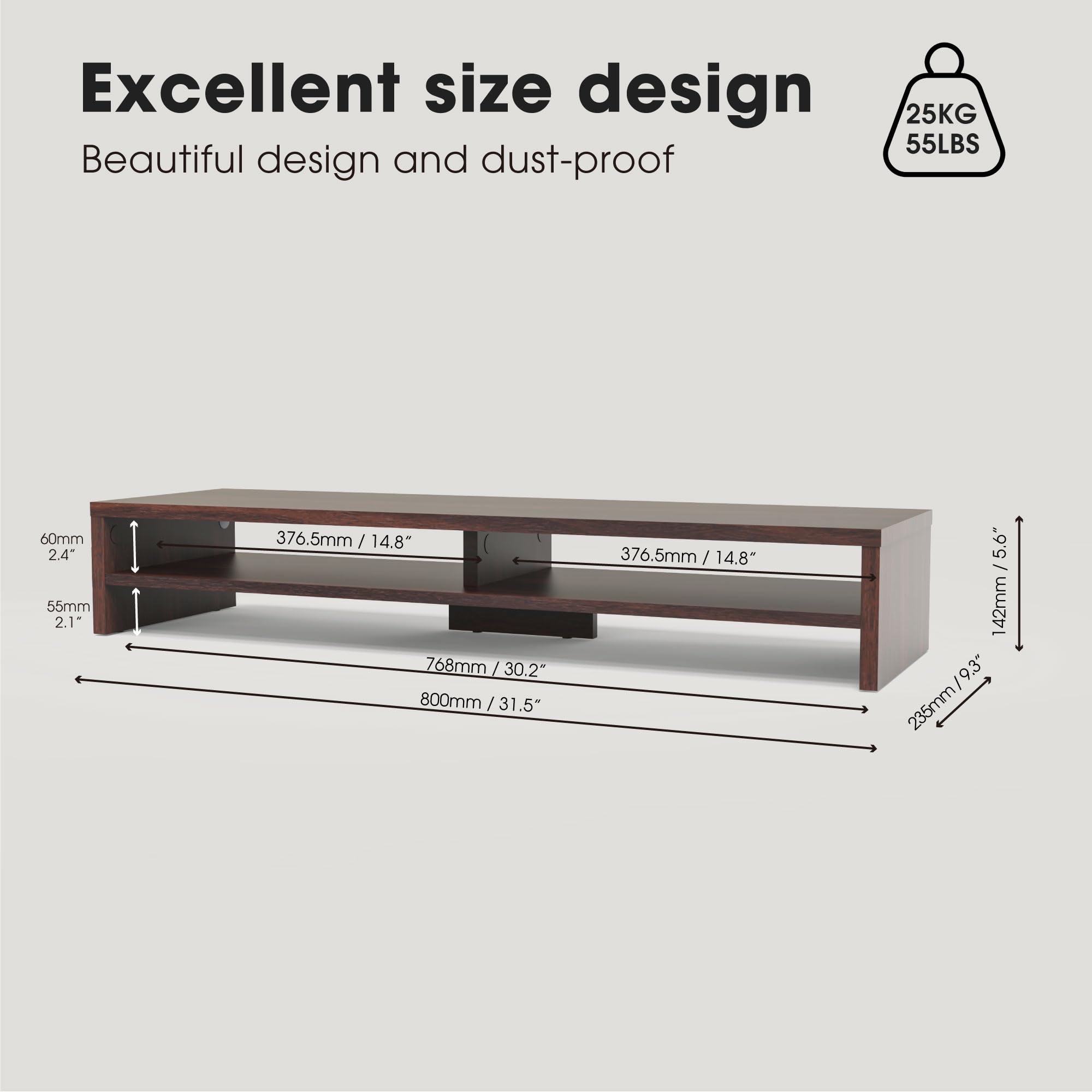 Fenge Réhausseur d'Écran d'Ordinateur Support Dual Moniteurs Organisateur de Bureau 80×23.5×14.2cm Charge 25KG Marron