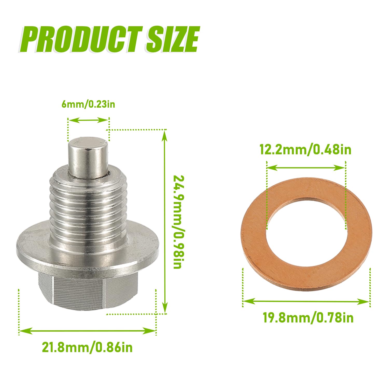 2 szt. M12 x 1,25 Magnetyczny korek spustowy oleju, magnetyczna uszczelka korka spustowego miski olejowej, z 10 szt. miedzianą podkładką zgniatającą, uniwersalna, szczelna wymiana, pasuje do