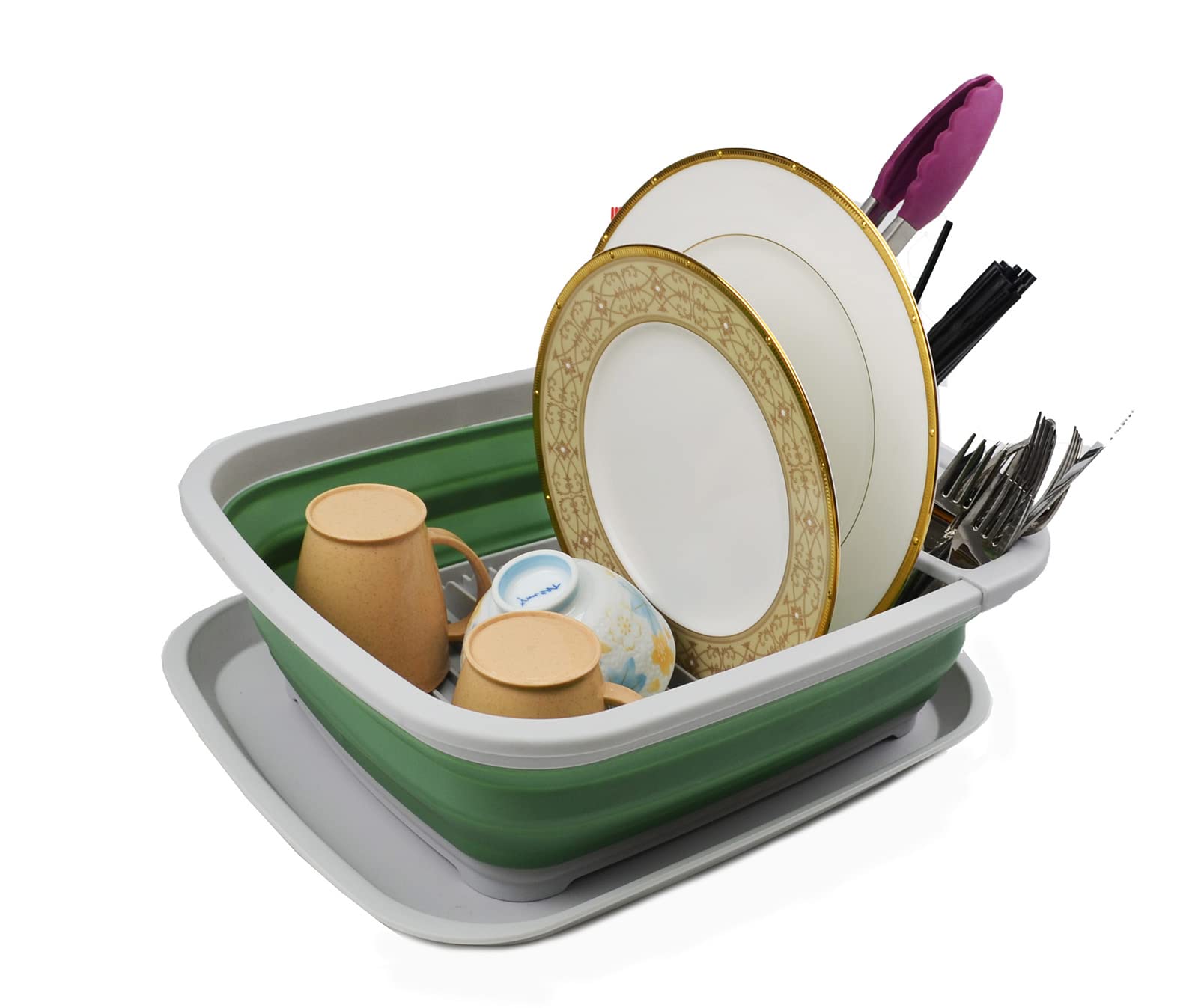 SAMMART Égouttoir à vaisselle pliable 8L avec égouttoir - Ensemble de séchage pliable - Organisateur de vaisselle portable - Plateau de rangement peu encombrant (Gris/Vert océan foncé, 1)