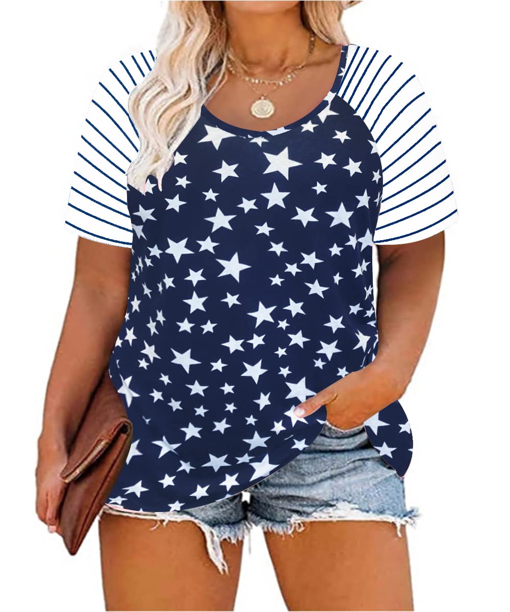 CARCOS Plus Size Tops for Women Short Sleeve Raglan Striped Tee Color Block Crewneck/V Neck Tunic Loose Fit Summer XL-5XL