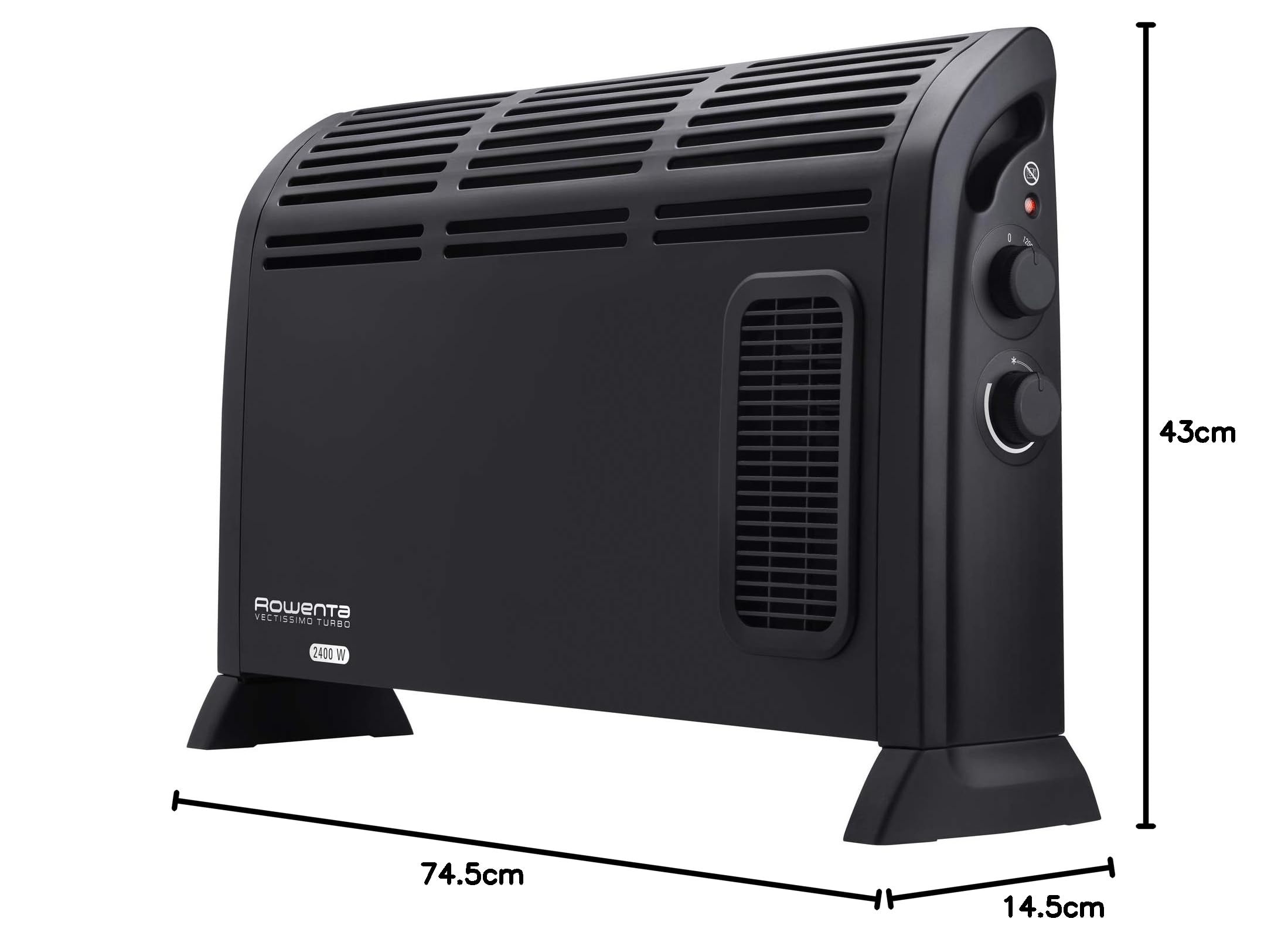 Rowenta Vectissimo Convecteur ventilateur électrique 1200/2400 W pour intérieur jusqu’à 25 m², Thermostat mécanique antigel, Grilles larges, Mode Turbo, Poignée ergonomique, CO3035