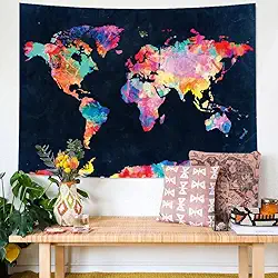 Tapeçaria de parede em aquarela com mapa do mundo para quarto, sala de estar, decoração de viagem