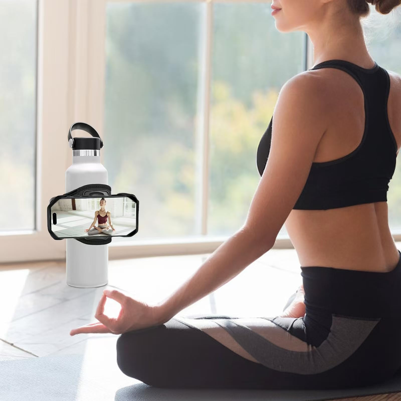 Cikyner Cinghia Bottiglia Acqua con Maniglia, 360° Girevole per Cellulare | Supporto rimovibile per bottiglie da 5-9 cm e telefoni 4,5-7". Ideale per palestra, corsa e allenamento