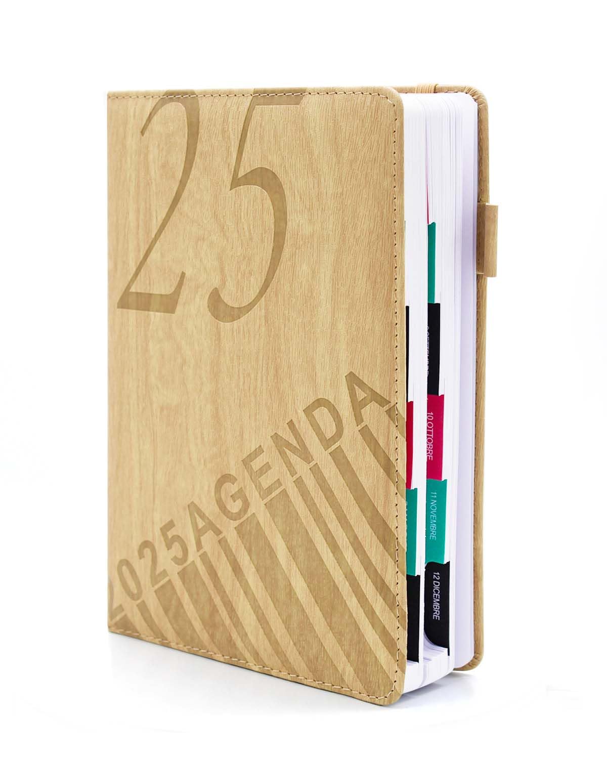 HW CASA Agenda Giornaliera 2025 Taccuino,Formato A5,200 Pagine Agenda Giornaliera,Copertina in Pelle PU Goffrata con Venature del Legno,Design a Pagina Singola ed Etichette Mensili Colorate,Giallo