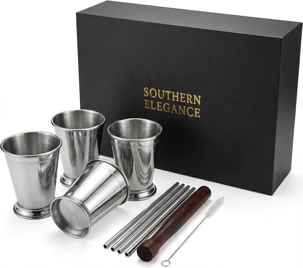 Southern Elegance 4-Pack Mint Julep Cups Gift Set - 12oz Stainless Steel Cocktail Glasses with Wooden Muddler, Straws & Brush - Metal Tumblers for Kentucky Derby, Wedding