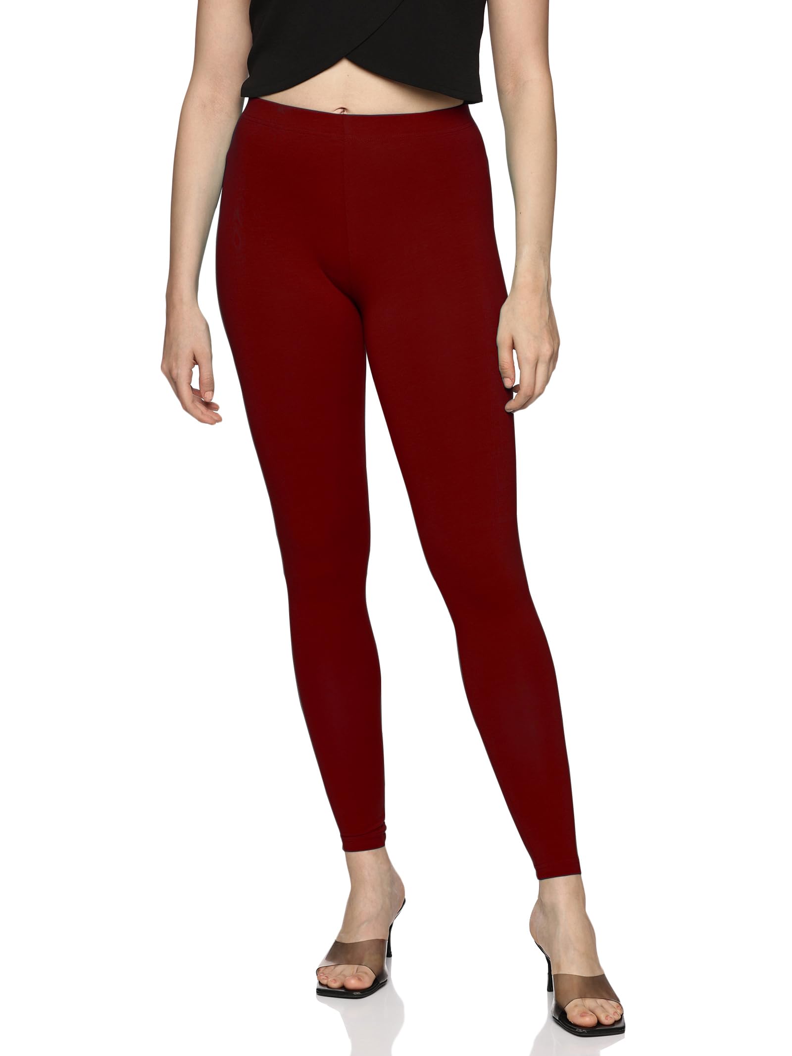 Mid Rise Slim Fit Red Leggings for Women Ankle Length-image-1