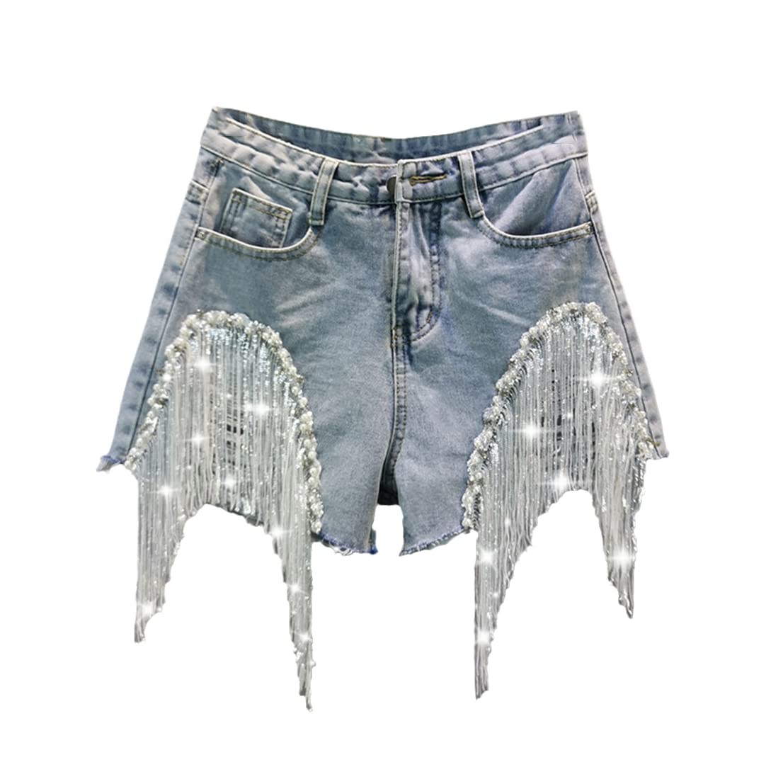 Short d'été en jean pour femme orné de paillettes et perles lourdes