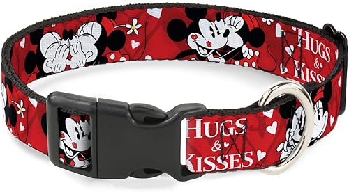 Dog Collar Plastic Clip Mickey Minnie Hugs Kisses Poses Reds White 9 to 15 Inche