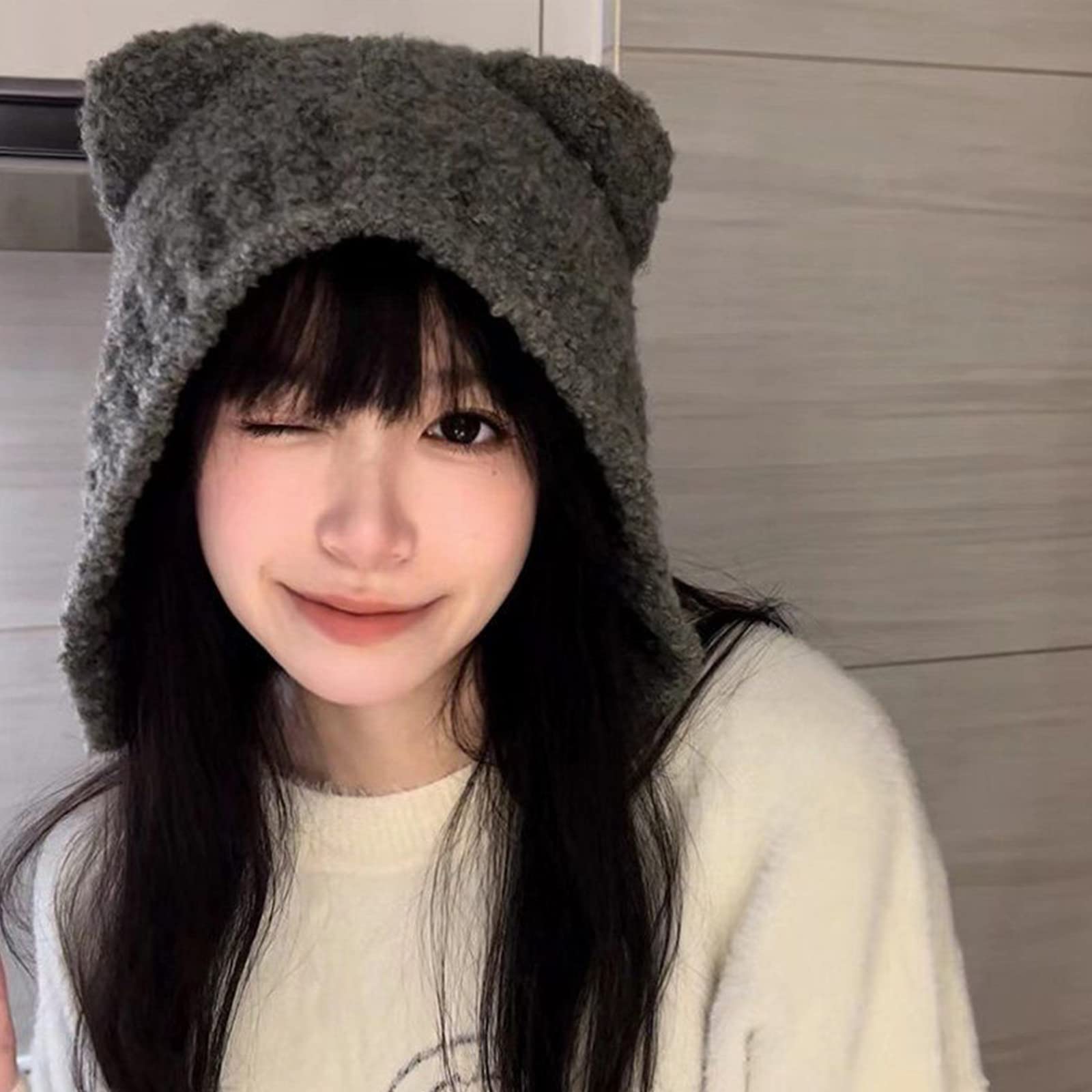GRABAGECAN Bear Ears Women Hat Winter Fleece Hat Ear Flap Caps Cosplay Costume Hat Teenager Girl Headdress