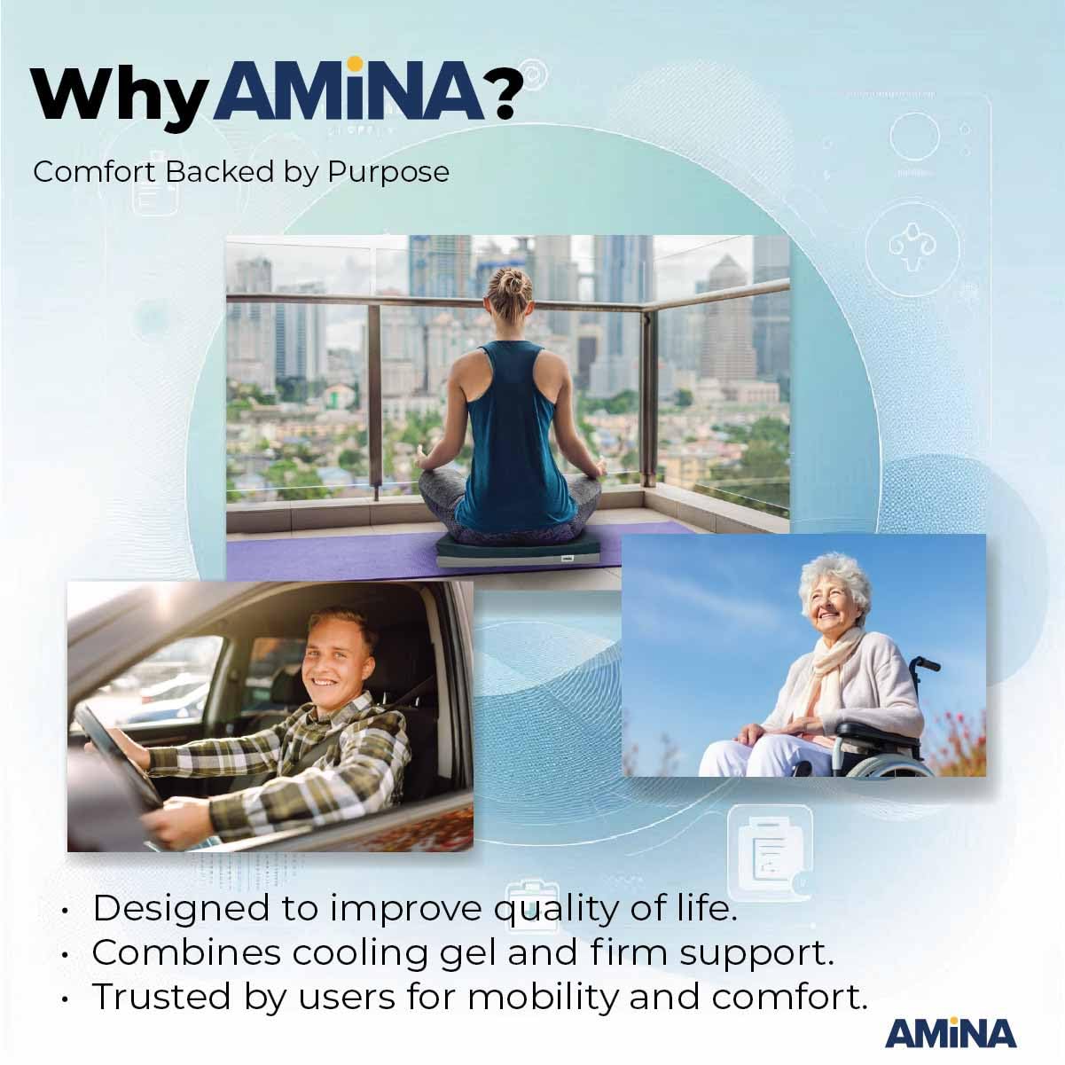 AMiNA Cojín de espuma de gel con protector de piel, cómodo cojín de asiento para sillas de ruedas, sillas de oficina, asientos de coche, antideslizante, resistente al agua, asa de transporte, ideal