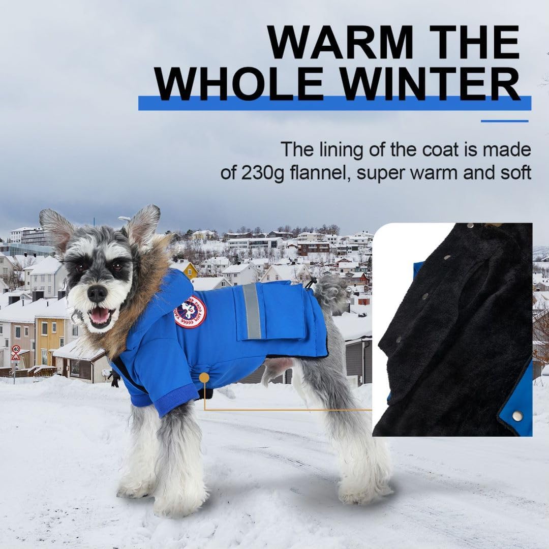 PINA Cappottini per cani di piccola taglia, giacca invernale impermeabile con fodera in flanella, cappuccio in pelliccia sintetica e tasca