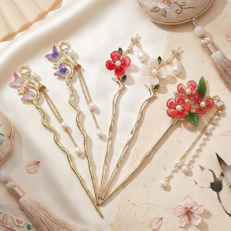 Image of MAYCREATE 6Pcs Butterfly Flower Hair Sticks for Buns Chinese Hanfu Asian Vintage Floral Hairpins Hair Chopsticks with Pearl Tassel for Women Girls
