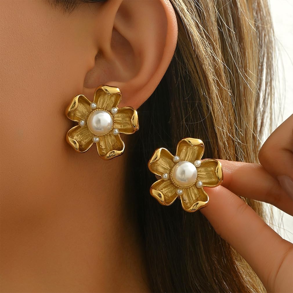 Dainty Gold Large Pearl Flowers Earrings for Women Vintage Chunky Big Pearl Floral Statement Dangle Earring Trendy Hip Hop Outfit Blossom Jewelry - Image 2