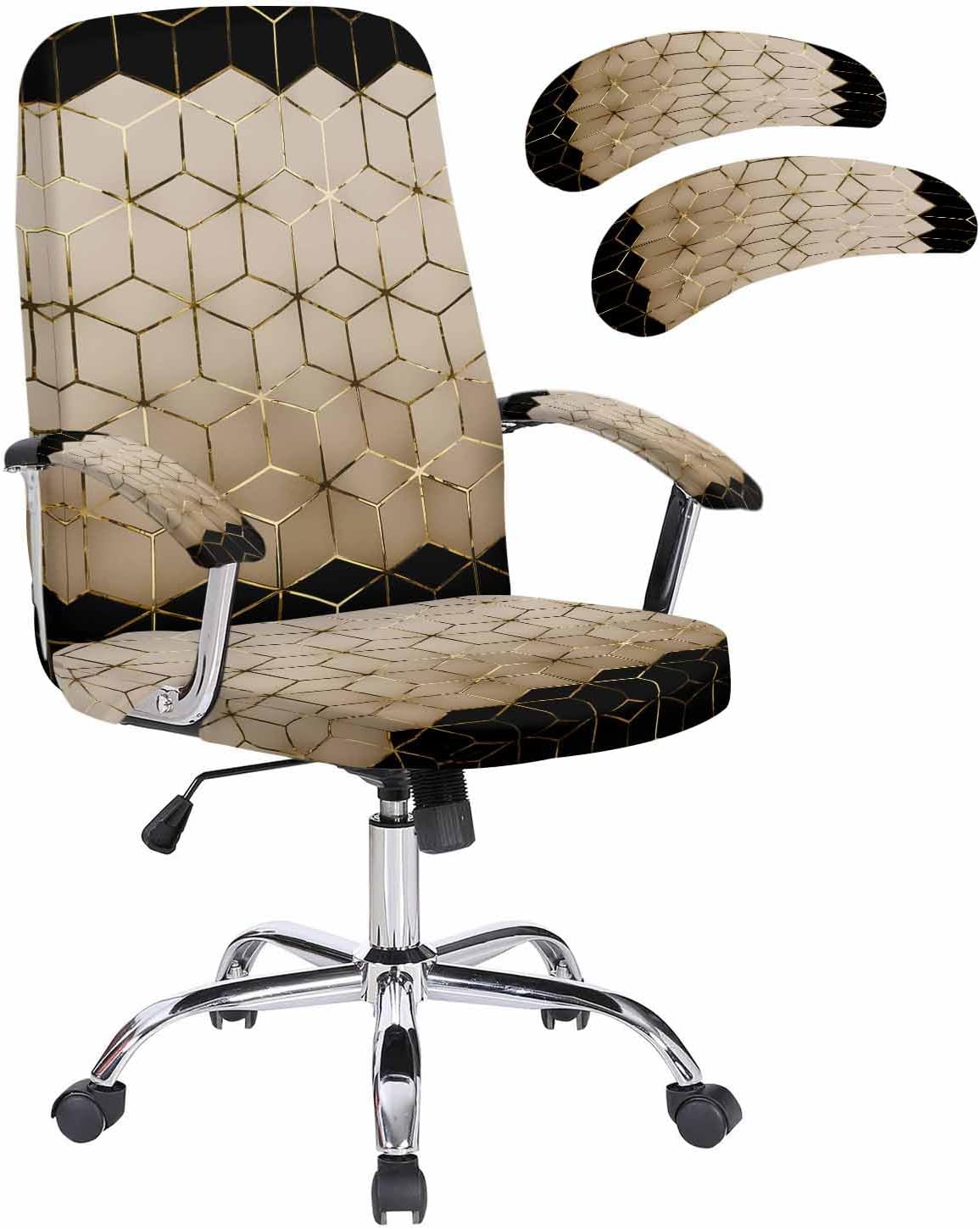 Brown Geometric Office Chair Covers with Armrest Covers, Rotating Chair Cover, Modern Abstract Art Ombre Armchair Slipcovers Decorative Backrest and Seat Protectors, Large