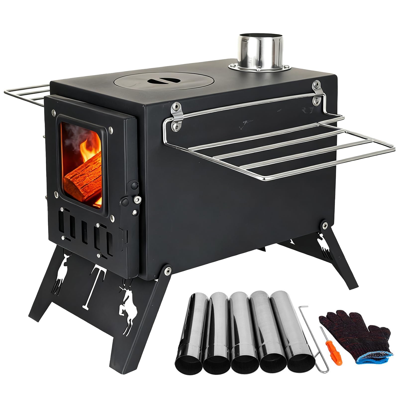 Réchaud de camping portable – Réchaud à bois avec tuyaux de cheminée et grand foyer pour la cuisine en plein air, barbecue, randonnée, pêche, chasse et chauffage
