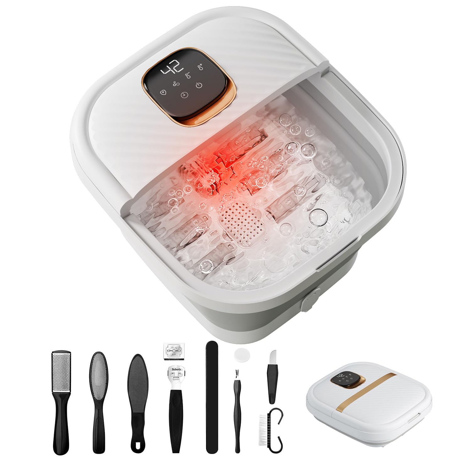 Bañera Spa Masajeadora de Pies Plegable con Calentamiento, Hidromasaje Para Pies 12 Niveles de Temperatura Ajustable, Esterilización UV Pantalla Táctil LCD Impermeable
