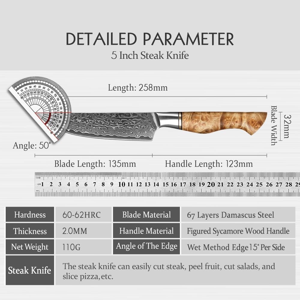 Kitchen Knife Sets, 6PCS Steak Knife Set 67-layer Damascus Steel Dining Kitchen Knife Cutter Tools Utility Knife