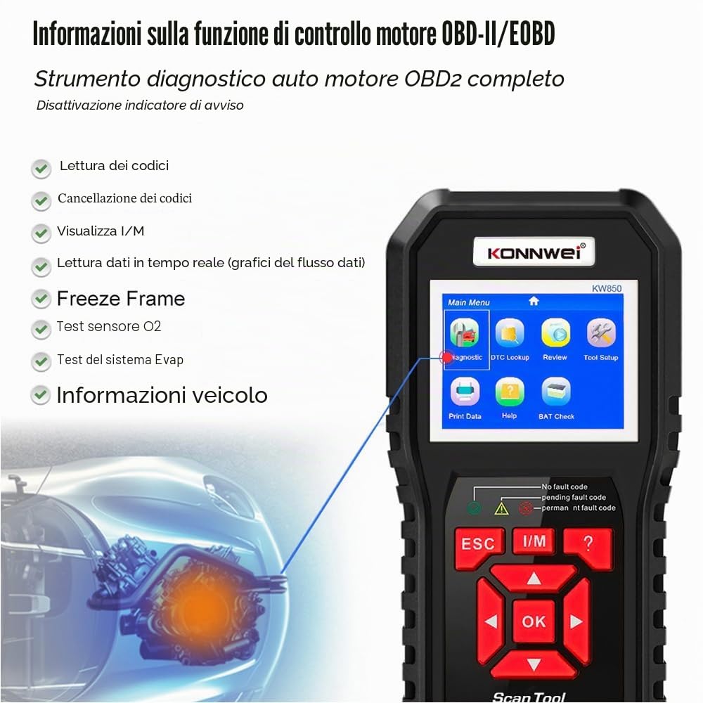 Konnwei Kw850 OBD2, dispositivo diagnostico OBDII, lettura memoria errori, con funzioni OBD2 complete, lettore codici errore universale, compatibile con tutti i veicoli dopo il 2002 (Nero)