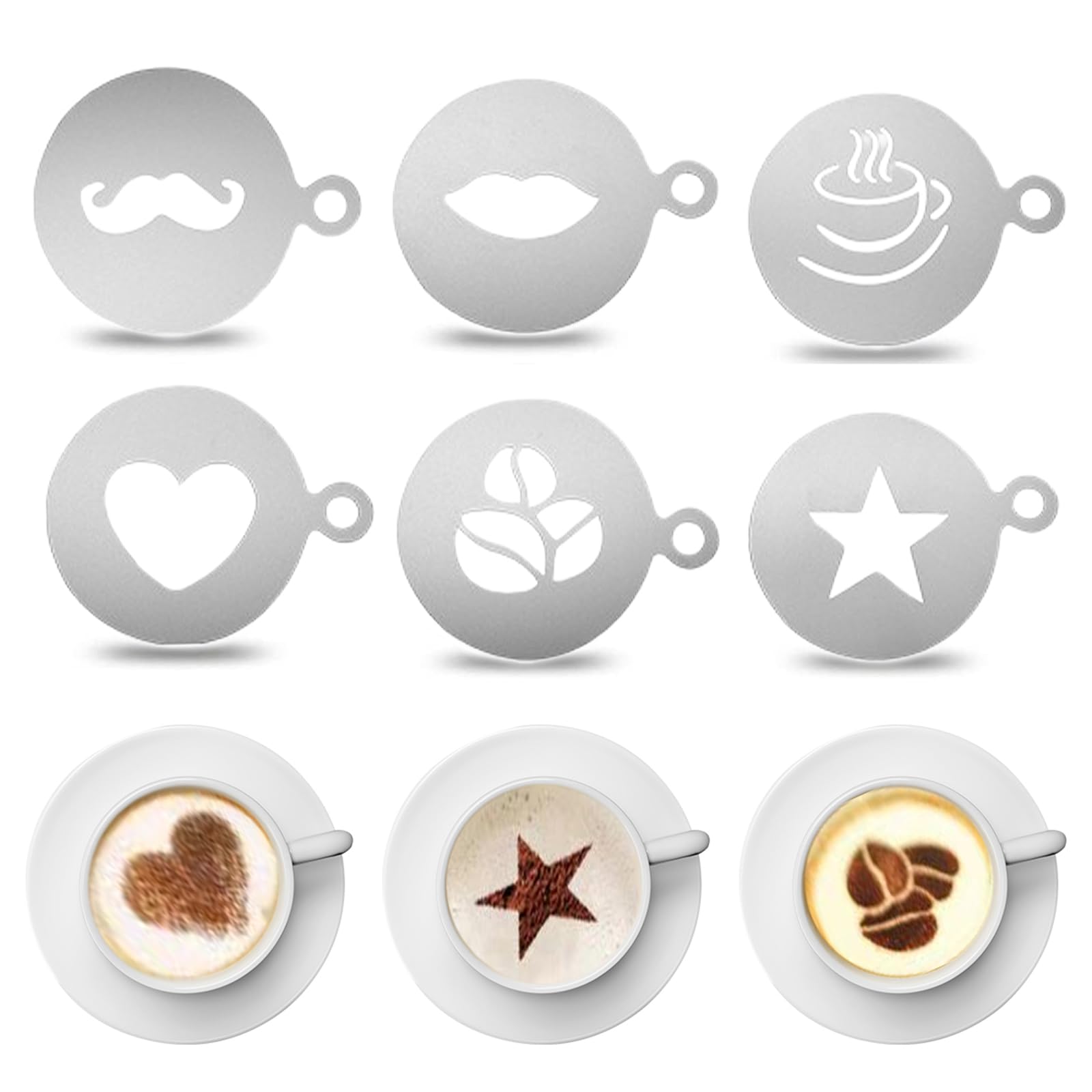 Stainless Steel Coffee Stencils,6PCS Latte Art Coffee Decorating Stencils,Coffee Garland Moulds Personalised Template for Cake Coffee Decorating（Silver 6PCS）