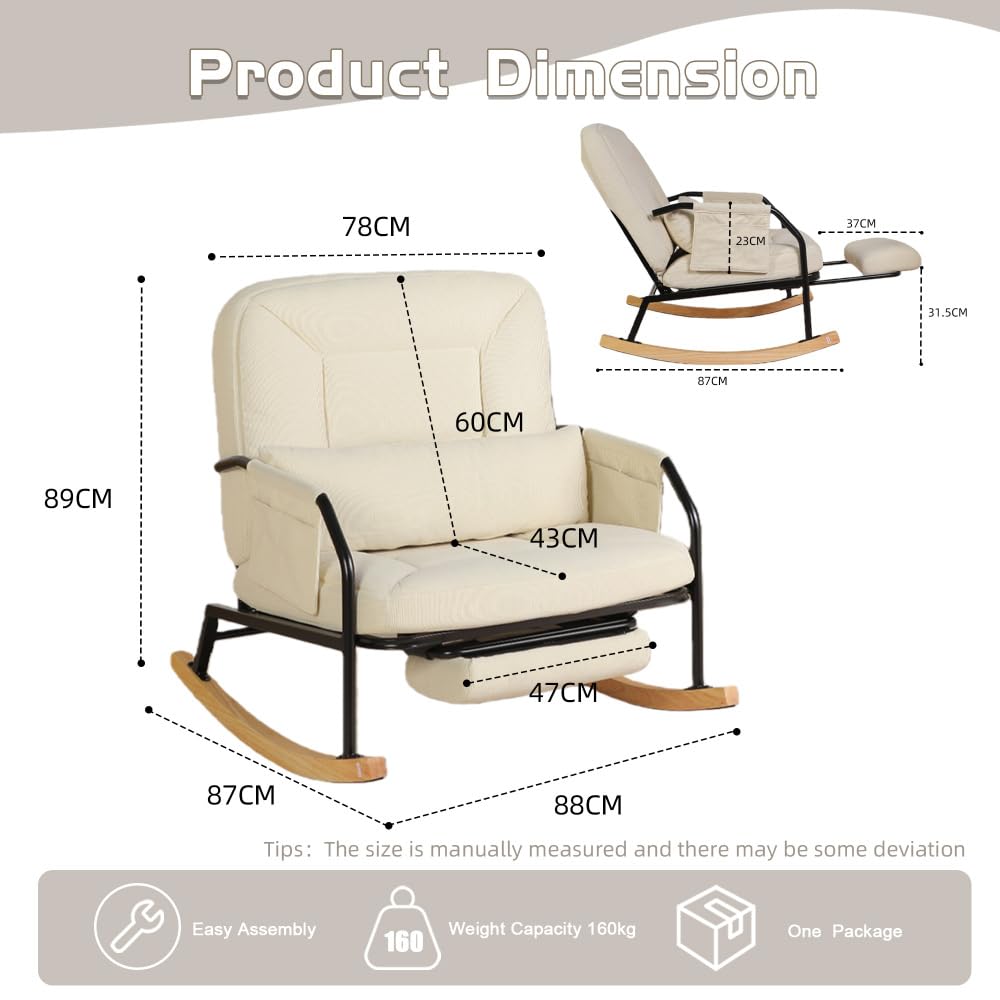 I0I&I0I Schaukelstuhl Mit Fußhocker Verstellbarer Relaxsessel Gepolsterte Sitzfläche Für Wohnzimmer Schlafzimmer Balkon Und Terrasse Aus Cordstoff (Beige + Corduroy + Foam)