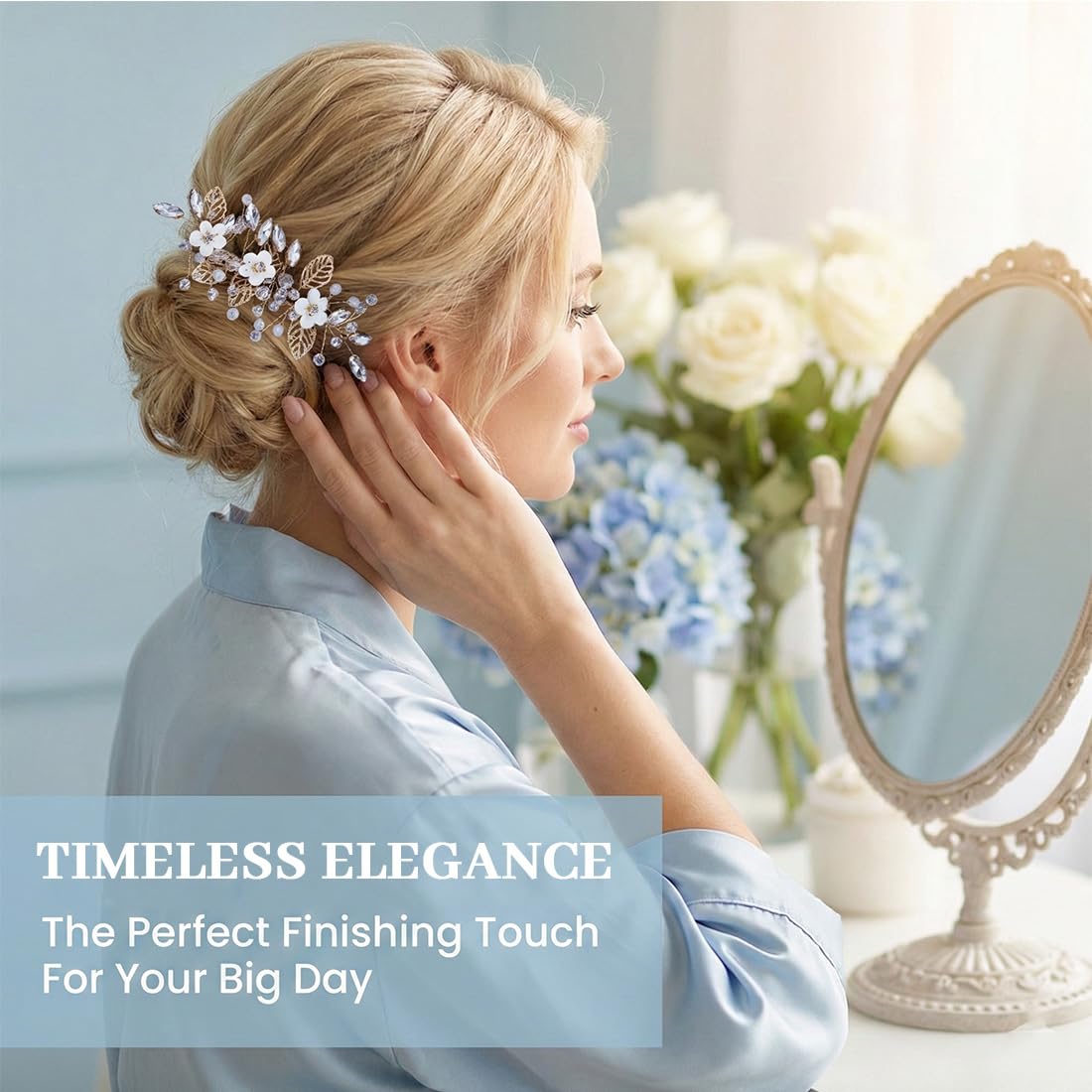 Peineta para Novia con Adornos de Flores, Accesorios de Pelo Elegantes para Boda, Peinetas Decorativas para Mujeres y Niñas (Oro)